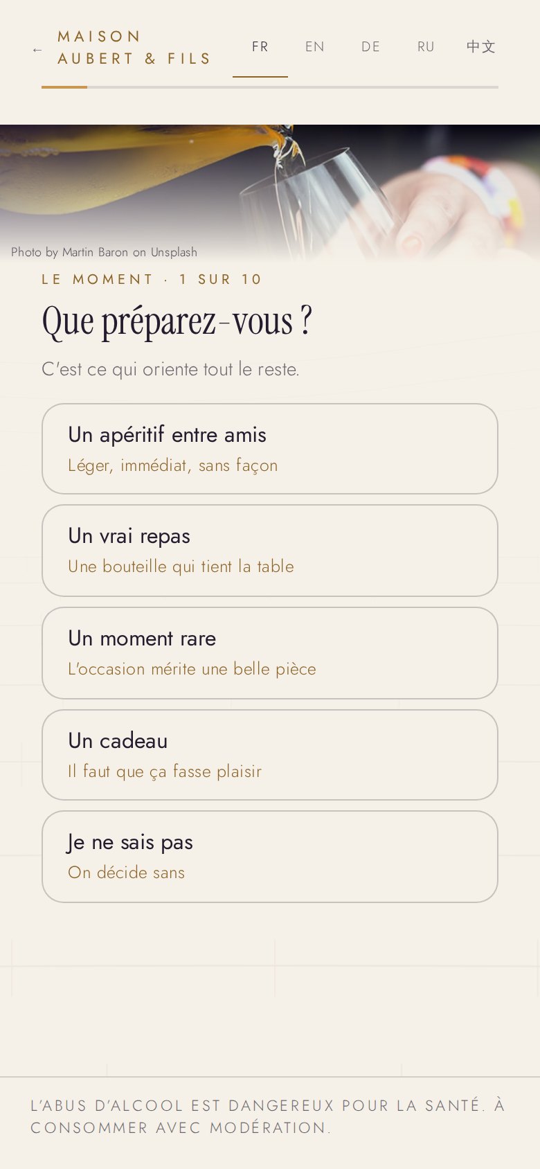 Une question du parcours : « Que préparez-vous ? », quatre réponses simples.